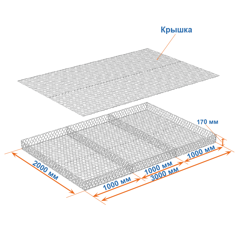Габион матрац ГСИ-М 3х2х0,17 оцинкованный / ЦП, Ø проволоки 2,7/3,7 мм, размер ячейки 8х10 см фото