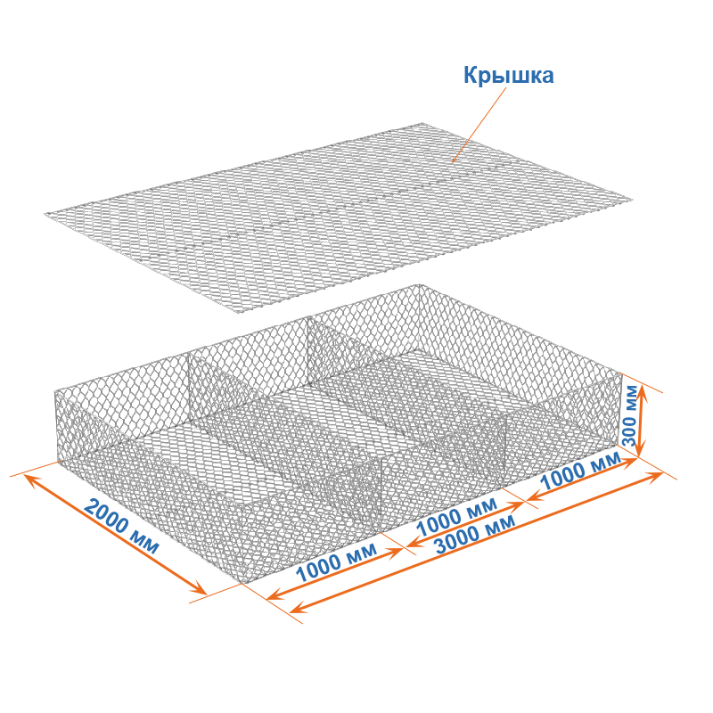 Габион матрац ГСИ-М 3х2х0,3 оцинкованный, Ø проволоки 2,2 мм, размер ячейки 6х8 см фото